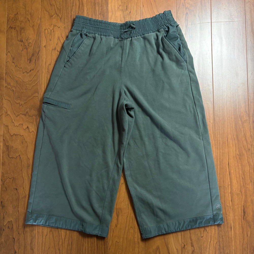 Athleta Sage Green Wide Leg Crop Fleece Pants Medium Drawstring Pockets